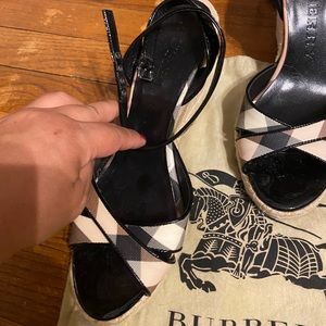 Burberry ankle strap wedge heel.